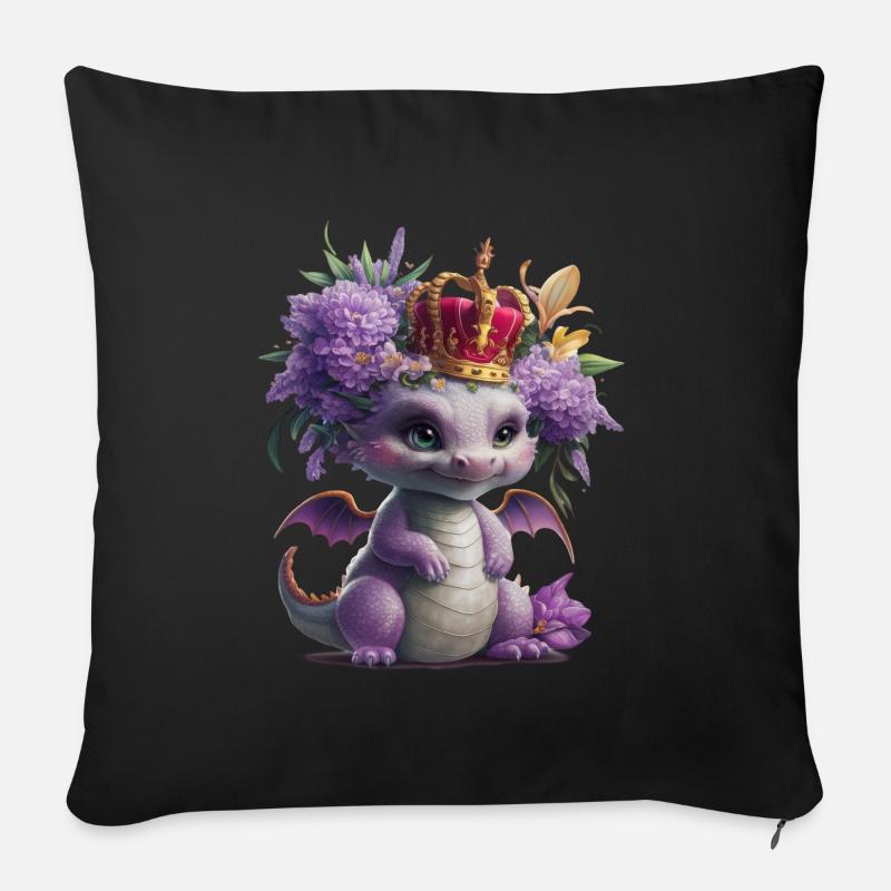 Dragon avec couronne et fleurs colorées - Housse de coussin décorative 45 x 45 cm - noir