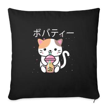 Anime Cat Bubble Tea Kawaii Cadeau - Housse de coussin décorative 45 x 45 cm - noir - Devant