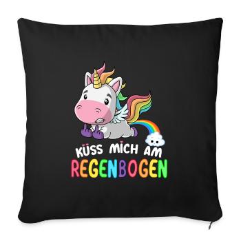 Süßes Einhorn | Küss mich am Regenbogen - Sofakissenbezug 45 x 45 cm - Schwarz - Vorne