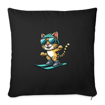 Jolie boîte de dessin animé sur skis chat du Bengale - Housse de coussin décorative 45 x 45 cm - noir - Devant
