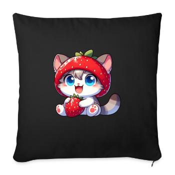 Süße Katze Erdbeere Frucht Hut Skurril - Sofakissenbezug 45 x 45 cm - Schwarz - Vorne