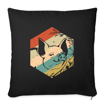 Fröhliches Retro Vintage Schwein Blumen - Sofakissenbezug 45 x 45 cm - Schwarz - Vorne