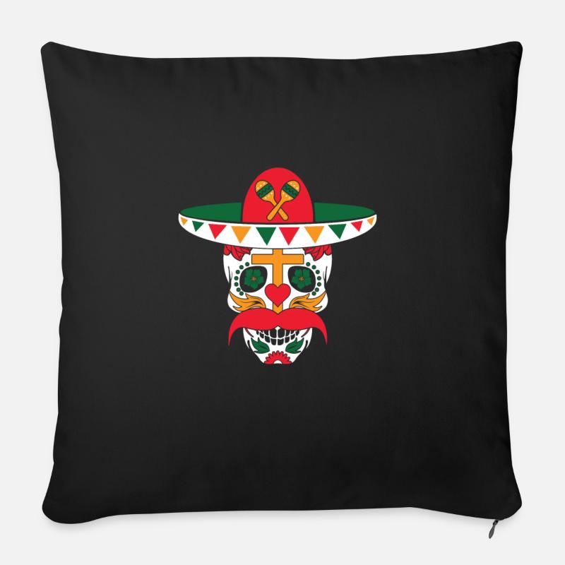 Mexikanischer Zuckerschädel mit Sombrero und dem Schnurrbart - Sofakissenbezug 45 x 45 cm - Schwarz