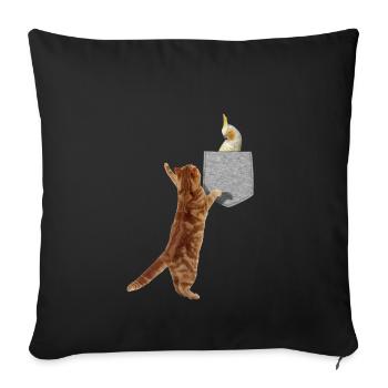 Chat atteignant l'oiseau cockatiel en faux imprimé - Housse de coussin décorative 45 x 45 cm - noir - Devant