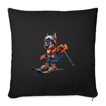 Doberman on skis - winter holiday in comic style - Sofa pillowcase 17,3'' x 17,3'' (45 x 45 cm) - black - Front