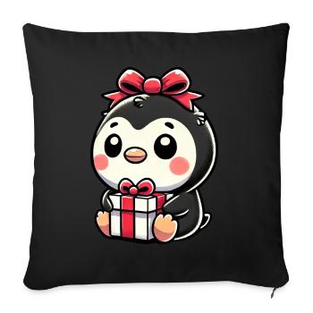 Père Noël et pingouin avec cadeau - Housse de coussin décorative 45 x 45 cm - noir - Devant