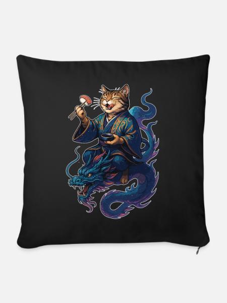 Sushi Katze getigert Kimono Drache Geschenk - Sofakissenbezug 45 x 45 cm - Schwarz