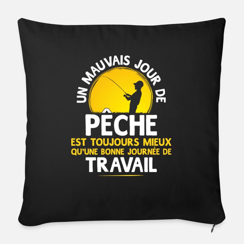 "Travail ou Pêche" - Housse de coussin décorative 45 x 45 cm - noir
