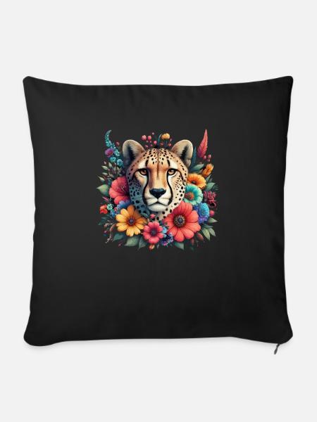Cheetah Gepard Blumen - Sofakissenbezug 45 x 45 cm - Schwarz