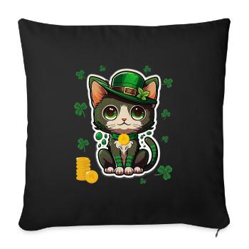 Chat mignon trèfle tenue chapeau st Patrick - Housse de coussin décorative 45 x 45 cm - noir - Devant