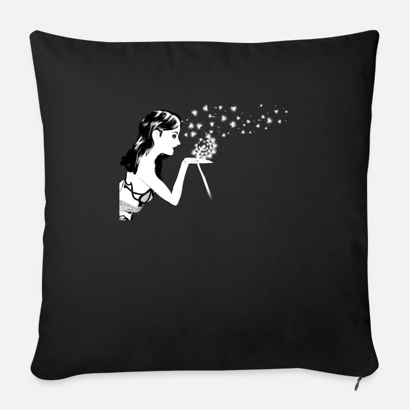 Pusteblume - Löwenzahn, Frau Pustet Samen Wind - Sofakissenbezug 45 x 45 cm - Schwarz