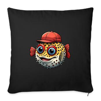 Drôle de poisson-globe avec casquette de baseball rouge - Housse de coussin décorative 45 x 45 cm - noir - Devant