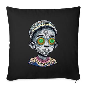 Visage d’enfant de couleur psychédélique avec étrange et profond - Housse de coussin décorative 45 x 45 cm - noir - Devant