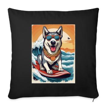Cool husky sur une planche de surf - Housse de coussin décorative 45 x 45 cm - noir - Devant