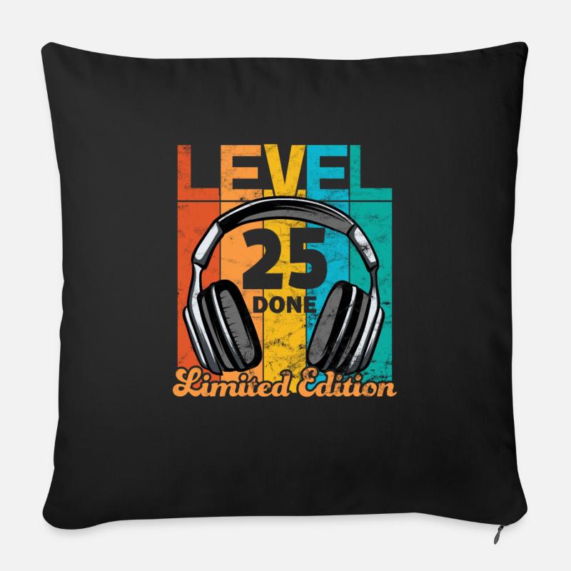 Anniversaire de jeu 25 ans Niveau 25 Terminé - Housse de coussin décorative 45 x 45 cm - noir