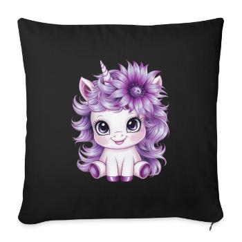 Licorne Kawaii aux fleurs violettes - Housse de coussin décorative 45 x 45 cm - noir - Devant