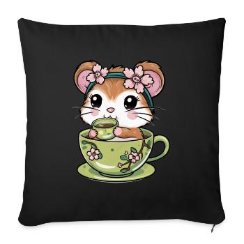 Hamster kawaii avec thé vert style dessin animé - Housse de coussin décorative 45 x 45 cm - noir - Devant