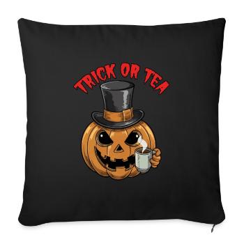 Trick or Tea lustiger Halloweenkürbis mit Teetasse - Sofakissenbezug 45 x 45 cm - Schwarz - Vorne