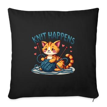 Knit Happens - Knitting Red Cat with Yarn - Sofa pillowcase 17,3'' x 17,3'' (45 x 45 cm) - black - Front