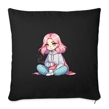Fille animée confortable avec des cheveux roses et du thé - Housse de coussin décorative 45 x 45 cm - noir - Devant