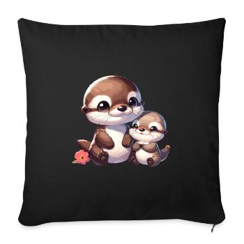 Famille de loutres mignonnes : mère et bébé - Housse de coussin décorative 45 x 45 cm - noir - Devant