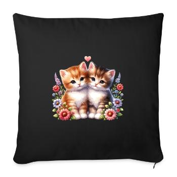 Chats mignons avec des fleurs et un cœur - Housse de coussin décorative 45 x 45 cm - noir - Devant