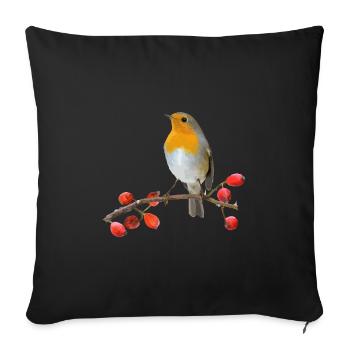 Rotkehlchen auf Ast mit roten Beeren - Sofakissenbezug 45 x 45 cm - Schwarz - Vorne