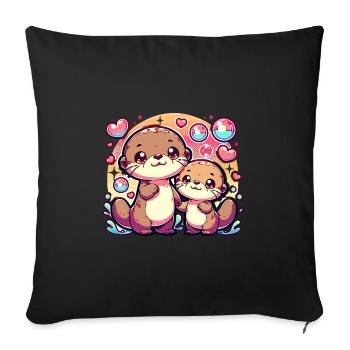 Mignonne famille de loutres avec des cœurs et des bulles - Housse de coussin décorative 45 x 45 cm - noir - Devant