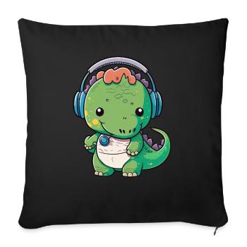 Kawaii Cute Happy Colorful Dino with Headphones - Sofa pillowcase 17,3'' x 17,3'' (45 x 45 cm) - black - Front