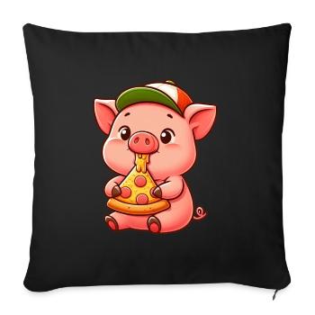 drôle cochon pizza dessin animé agriculteur fermier - Housse de coussin décorative 45 x 45 cm - noir - Devant