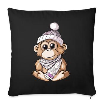 Niedlicher Orang Utan mit Schal und Pudelmütze. - Sofakissenbezug 45 x 45 cm - Schwarz - Vorne