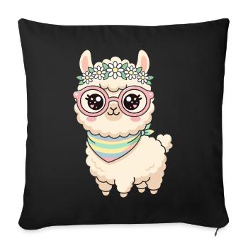 Lama pastel avec couronne florale - Housse de coussin décorative 45 x 45 cm - noir - Devant