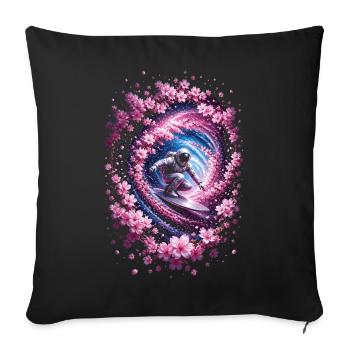 Astronaute surf dans un vortex, fleurs de cerisier - Housse de coussin décorative 45 x 45 cm - noir - Devant