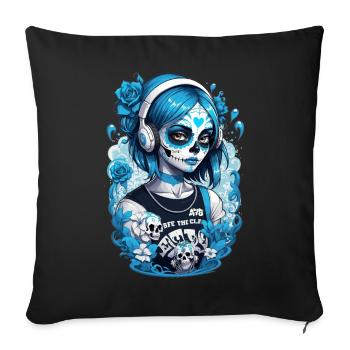 Sugar Skull Girl with Headphones and Blue Roses - Sofa pillowcase 17,3'' x 17,3'' (45 x 45 cm) - black - Front