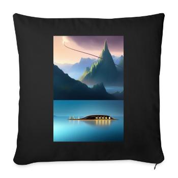 Landscape with lake, boat and mountains - Sofa pillowcase 17,3'' x 17,3'' (45 x 45 cm) - black - Front
