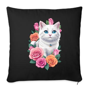 Cat with roses - Sofa pillowcase 17,3'' x 17,3'' (45 x 45 cm) - black - Front