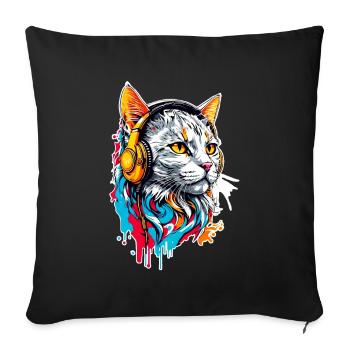 Cat listens to music - Sofa pillowcase 17,3'' x 17,3'' (45 x 45 cm) - black - Front
