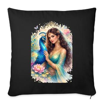 Femme élégante avec un paon et une fleur de lotus - Housse de coussin décorative 45 x 45 cm - noir - Devant
