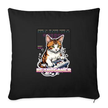 Retro Gaming Katze: Retrogamer mit Controller - Sofakissenbezug 45 x 45 cm - Schwarz - Vorne