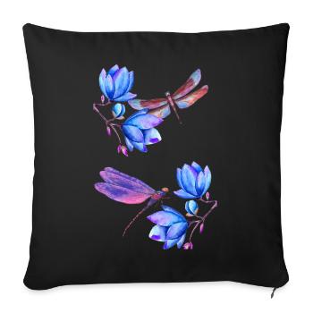 Libellen fliegen zwischen blauen Blumen - Sofakissenbezug 45 x 45 cm - Schwarz - Vorne