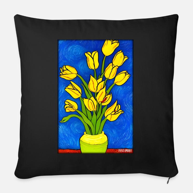 Tulpe Liliengewächse Blume Frühling Wiese Grün - Sofakissenbezug 45 x 45 cm - Schwarz