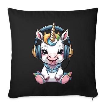 Bébé licorne avec écouteurs - Housse de coussin décorative 45 x 45 cm - noir - Devant
