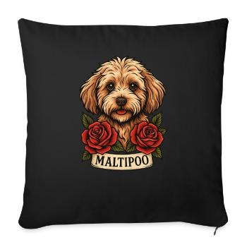 Maltipoo avec des roses – Style de tatouage - Housse de coussin décorative 45 x 45 cm - noir - Devant