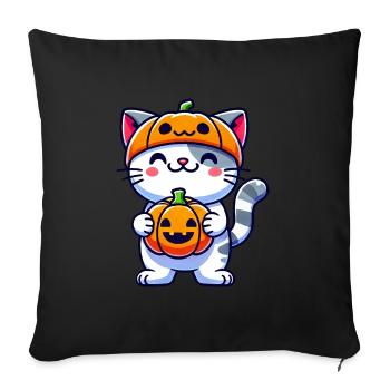 Chat d’Halloween fantaisiste avec citrouille et chapeau - Housse de coussin décorative 45 x 45 cm - noir - Devant