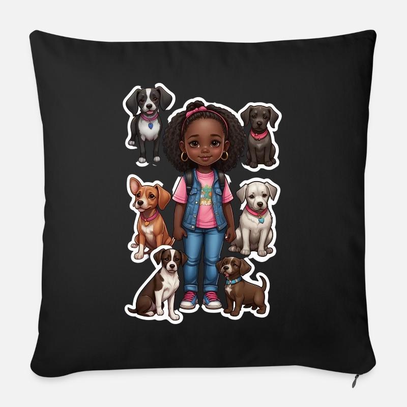 Mädchen mit Hundegruppe Motiv - Sofakissenbezug 45 x 45 cm - Schwarz