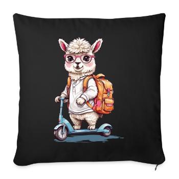 Süßes Alpaka Schüler Roller Schulweg Design - Sofakissenbezug 45 x 45 cm - Schwarz - Vorne