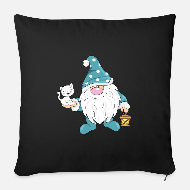 Drôle de gnome nordique avec un chat blanc mignon - Housse de coussin décorative 45 x 45 cm - noir