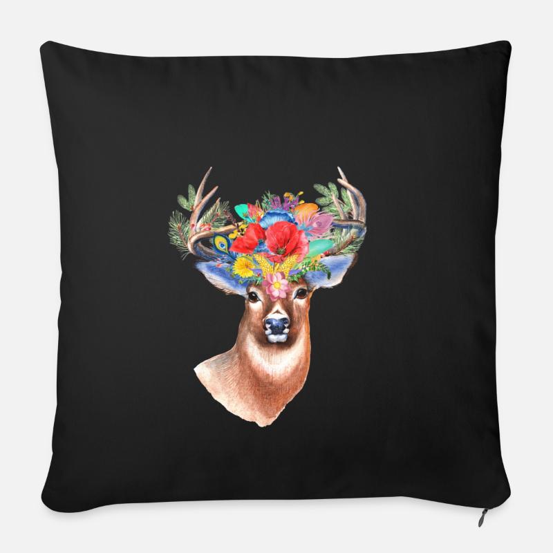Hirsch mit Blumen - Sofakissenbezug 45 x 45 cm - Schwarz