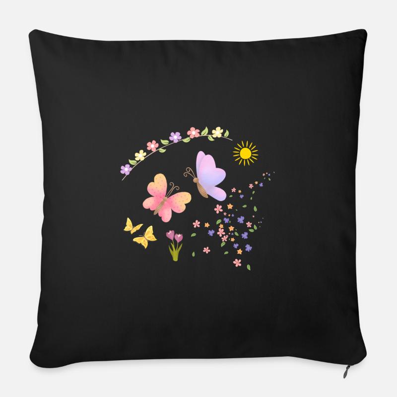 Blumen Sonne Schmetterlinge - Sofakissenbezug 45 x 45 cm - Schwarz