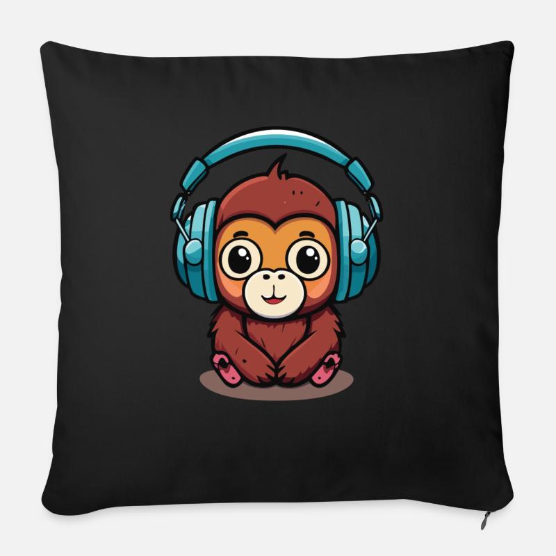 Süßer Affe, der Kopfhörer trägt, DJ-Affe - Sofakissenbezug 45 x 45 cm - Schwarz